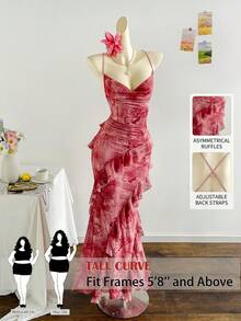 SHEIN Tall CURVE CURVE Plus Size Women's Pink Floral Dress Summer Elegant Wedding Cocktail Guest Vacation Tea Party Long Ruffle Trim Backless High-Waisted Outfits - Pink - View 3