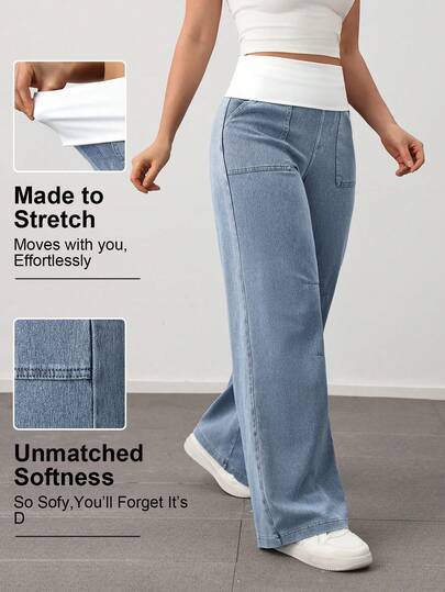 VARSIVA Quần jeans ống rộng dáng cargo co giãn, cạp gập dành cho nữ hiệu VARSITIE, kiểu dáng thể thao năng động, thoải mái và phù hợp mặc hàng ngày.