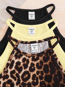 3pcs Young Girl Solid Color Knit Sleeveless Tank Top & Striped Knit Sleeveless Tank Top Set - Multicolor - View 3