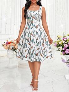 SHEIN Lady Bộ đồ nữ gồm váy in họa tiết lá và áo khoác cardigan màu trơn, kiểu dáng thường ngày. - Nhiều màu - Xem 5