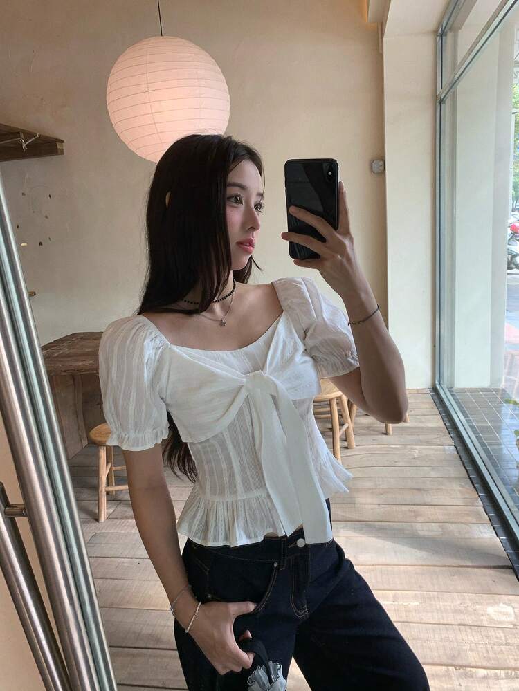 Women's Turndown Collar Korean Style Bow Tie Strap Fresh Summer Short Sleeve Shirt Cute Tops