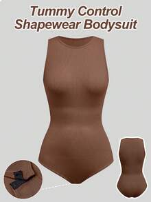 Women Casual Solid Color Crew Neck Sleeveless Body Suit , Briefs With Buckle Design ,Ribbed Tummy Control Seamless Tank Top Bodysuit - Coffee Brown - View 6