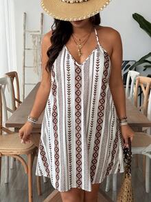 SHEIN VCAY Vestido de playa con cuello en V, sin espalda y estampado de rayas para tallas grandes - Azul y blanco - Ver 5