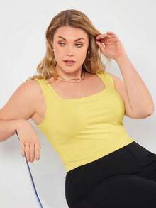 SHEIN BASICS 大码夏季纯色百搭方领修身吊带衫 - 黃色 - 查看 5