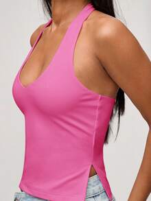 SHEIN BASICS Casual Solid Color Knit Halter Neck Women's Top - Hot Pink - View 6