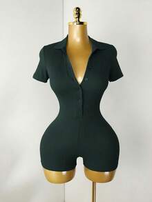 Mistrie Women's Solid Color Button Half-Placket Casual Fitted Romper - Olive Green - View 5