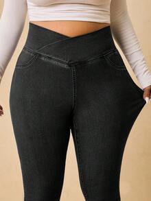 SHEIN Tall CURVE 大码女式不对称腰身修身休闲牛仔裤 - 黑色 - 查看 6