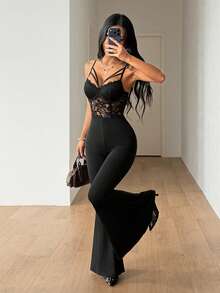 SHEIN ICON Bộ jumpsuit nữ gợi cảm phối ren xòe. - màu đen - Xem 4