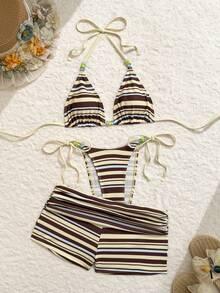 Swim Vcay Women's 3-Piece Swimsuit Set,Brown And Yellow Polka Dot,Summer,Boho,Beach,Holiday,Holiday Beaded Nautical Striped Halter Neck High Cut Ruched Shorts - Multicolor - View 3