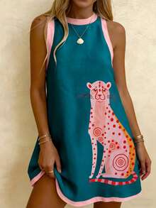 EMERY ROSE Plus Size Women's Casual Resort Beach Leopard Print Color-Block Trim Tank Dress Plus Size Women's Beachwear - Multicolor - View 4