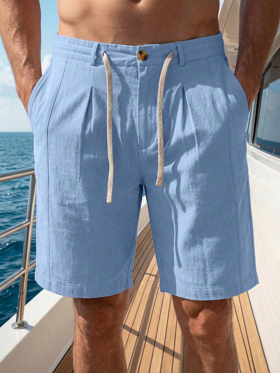 VENTUSAIL Men's Light Blue Summer Cotton And Linen Drawstring Shorts,Casual Bohemian Style Pocket Versatile Commuter Shorts For Vacation,Holiday Beach Wear - Baby Blue - View 1