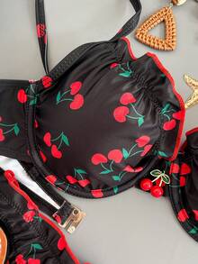 Swim Mod Women's Sweet Cute Floral & Cherry Print Swimsuit Set For Summer Beach Vacation - Black - View 4