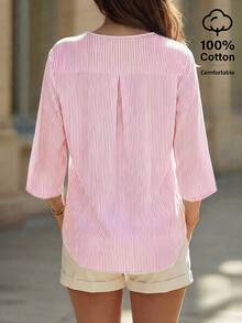 EMERY ROSE Camicia casual da donna a righe in cotone con scollo a V e maniche a 3/4 - Rosa - Visualizzare 2