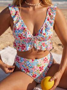 Swim Mod 2026新款夏季度假甜美碎花荷叶边加大码露背比基尼上衣 - 彩色 - 查看 3