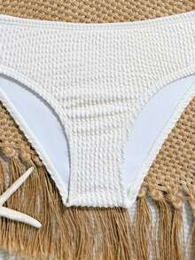 SHEIN Tween Girls' Solid Color Textured One Shoulder Bikini Set,White,Summer,Tropical,Beach,Pool Party,Vacation,Holiday 2 Pieces Bathing Suit - Apricot - View 5