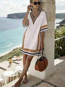 SHEIN Holidaya Women's Casual Vacation V-Neck Colorful Black Striped Short Sleeve Apricot Striped Pattern Crinkled Woven Fabric Midi Dress, Vacation Dress, Striped Dress, Casual Dress, Women's Holiday Dress, Beach Dress, Summer Island Dress, Elegant Dress, Summer Outfit Long Dress, Summer Outfit Striped Dress, Beach Dress - Ginger - View 5
