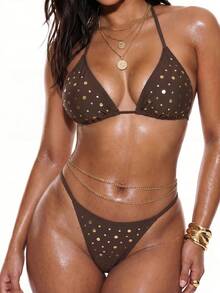 Swim Bikini de 2 piezas nuevo 2026, conjunto de traje de baño de playa con espalda descubierta y cristales para mujer, talla - Café integral - Ver 5