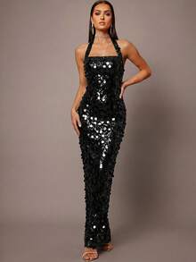 Silquee Sequin Strap Elegant Party Dress - Black - View 6