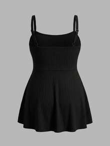 Sweetra CURVE 1 Pc Plus Size Women's Simple Solid Color Spaghetti Strap Tankini 2 Pieces Swimsuit For Summer Beach Vacation Black - Black - View 2