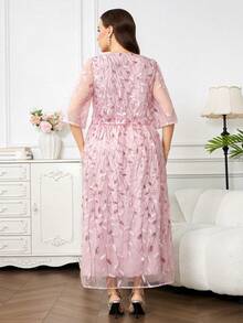 Reflora Đầm ngắn tay cổ tròn in hoa đính sequin dành cho nữ cỡ lớn, thanh lịch. - Hồng - Xem 2