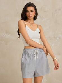 SHEIN Tall 女士条纹弹力腰带短裤，带口袋，夏季休闲款 - 藍色 - 查看 6