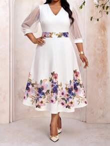 SHEIN Lady Vestido elegante de fiesta de talla grande con estampado floral y parches de malla - Multicolor - Ver 3