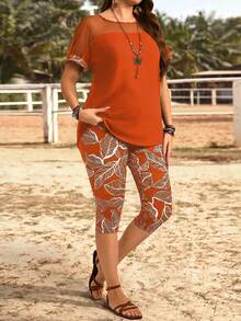 EMERY ROSE Plus Size Women Mesh Patchwork Round Neck Top And Pants Casual 2 Pieces Set - Rust Brown - View 1