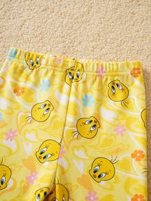 LOONEY TUNES X SHEIN Bộ đồ mặc nhà cho bé gái gồm áo thun ngắn tay cổ tròn và quần legging. - Màu vàng - Xem 4