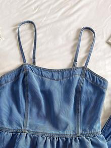 Comfortcana Setelan 2 Potong Atasan Tank Top dan Celana Panjang Musim Panas Warna Polos Ukuran Plus dengan Tali Bahu Tipis dan Hiasan Ruffle di Bagian Bawah - Medium Wash - View 5