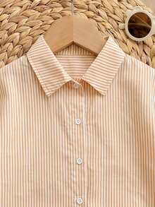SHEIN Young Girl Casual Comfortable Striped Lapel Open Front Loose Short Sleeve Hollow Back Woven Shirt - Yellow - View 6