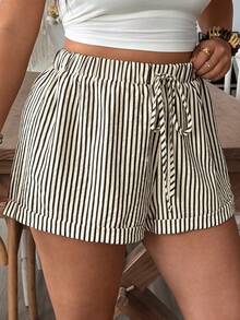 SHEIN VCAY Plus Size Autumn French Old Money Style Colorful Striped Teacher Shorts - Multicolor - View 5