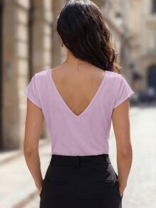 EMERY ROSE Nueva blusa de primavera/verano con cuello en V, hombros cruzados, manga corta, ajustada y con espalda descubierta, de estilo elegante para mujeres - Morado - Ver 2