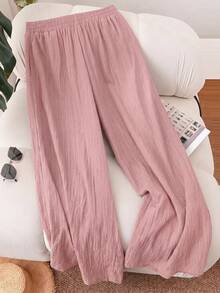CosyJoli Pantalones largos casuales y versátiles de talla grande para mujer con cintura con cordón, unicolor, para uso diario y salidas - Rosa - Ver 4