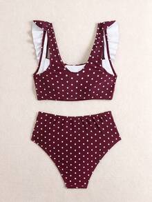 Swim Basics 2pcs Women's White Polka Dot Summer Cute Retro Vintage Holiday Pool Party Elegant Ruffle Strap Pleated Top&High Waist Ruched Triangle Bottoms Set - Burgundy - View 6