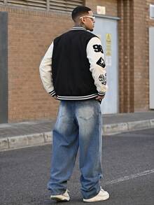 Devon Thys 男士字母刺绣单排扣休闲棒球夹克 - 黑色 - 查看 4