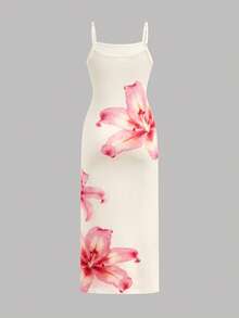 Tween Girl Casual Vacation Apricot Tropical Floral Print Slit Hem Dress - Apricot - View 7