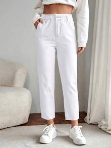 EMERY ROSE Women's Summer Paperbag Waist Straight Leg Jeans - White - View 2