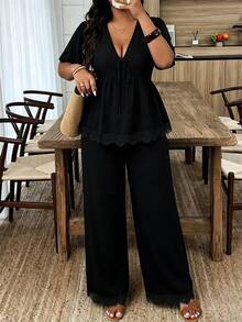 Weeklong Plus Size Women Solid V-Neck Ruched Short Sleeve Top And Pants Casual Suit - Black - View 6