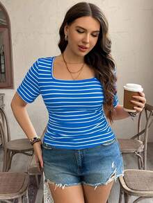 SHEIN LUNE Áo thun nữ size lớn kẻ sọc đen trắng cổ vuông tay ngắn phong cách casual thanh lịch, thời trang phương Tây boho bohemian thập niên 90, đồ đi chơi lễ hội mùa hè mùa xuân, phong cách old money, outfit ngày lễ Saint Patrick, lễ Phục sinh, đồ đi biển, bộ đồ mặc nhà, đồ đi nghỉ mát mùa hè, đồ rave lễ hội, thời trang nữ phong cách country, outfit đi xem concert country cho nữ - Xanh và trắng - Xem 3