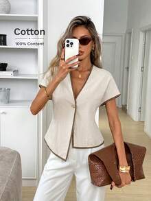 Easowa Áo liền quần cổ chữ V vai rộng tay dài cài kim loại vạt bất đối xứng dáng chữ A, kiểu dáng thoải mái, thanh lịch, thích hợp cho công sở, đi nghỉ mát, mùa xuân hè, áo blazer mỏng cho nữ - Màu be - Xem 5