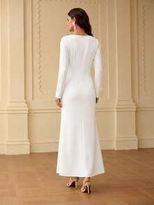 ZEYLAH Off-Shoulder Long Sleeve Beaded Fishtail Dress, Spring/Summer - White - View 3