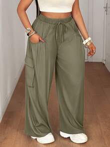 Maweii Plus Size Women Waist Tie Loose Wide Leg Cargo Pants - Army Green - View 5