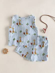 SHEIN 2pcs/Set Baby Boy Round Neck Button-Up Short Sleeve Top & Deer Print Shorts Set, Cute Casual Outfit For Spring/Summer - Baby Blue - View 2