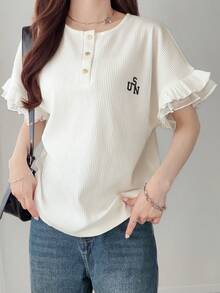 FRIFUL Áo thun nữ tay cánh dơi xếp ly in chữ, kiểu dáng thường ngày, thích hợp cho mùa hè. - trắng - Xem 2