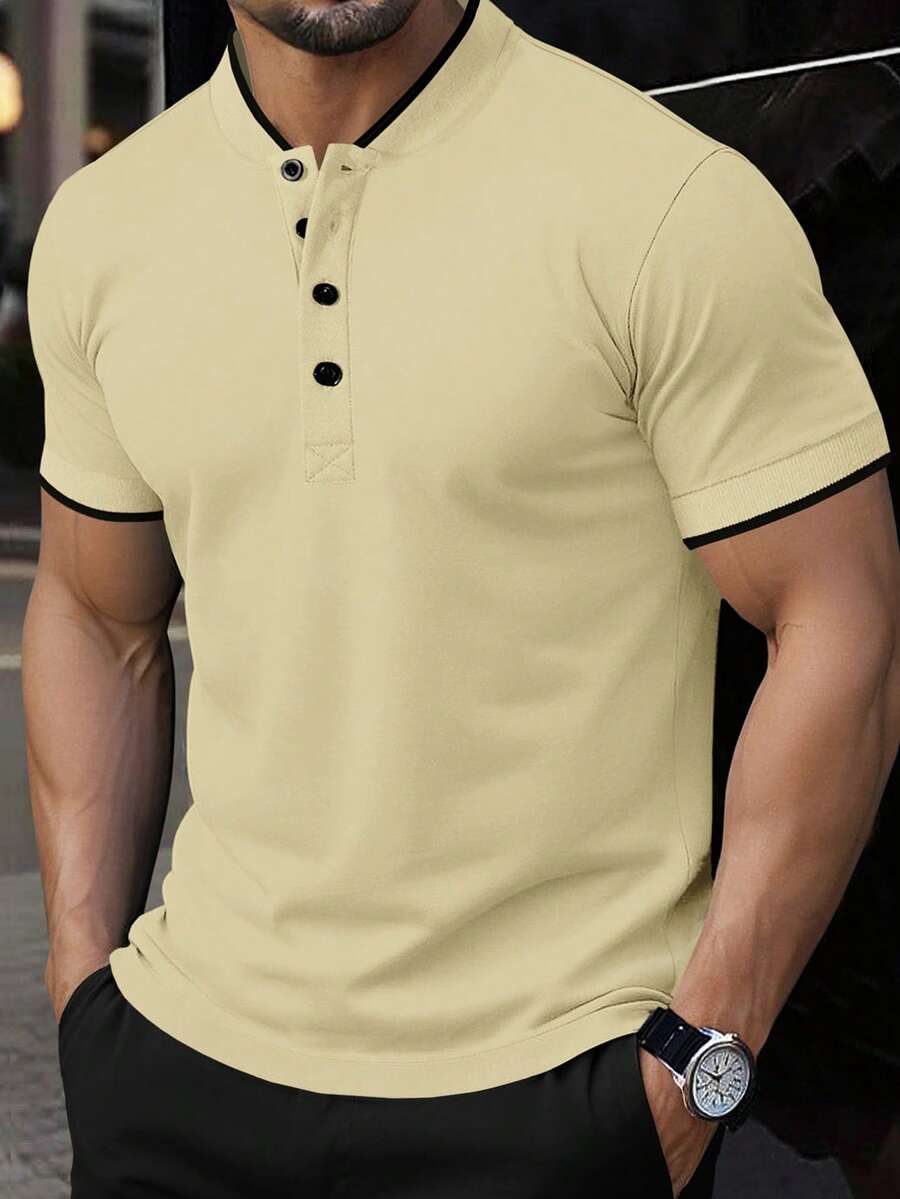 Manfinity Homme 男士休閒通勤對比色短袖 Polo 衫,正式款 - 淡黃色 - 查看 1