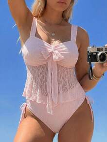 Swim Mod Setelan Wanita Ukuran Besar 2 Potong Bahan Bertekstur, Celana Panjang Tali Bahu Tipis, Tankini untuk Liburan Pantai, Warna Pink, Musim Panas, Motif Bajak Laut - Berwarna merah muda - View 1