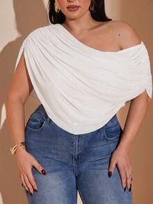Mono de mujer de talla grande de unicolor con tirantes de espagueti fruncidos, de moda para vacaciones, primavera/verano, otoño/invierno. Mono elegante ajustado de - Blanco - Ver 5