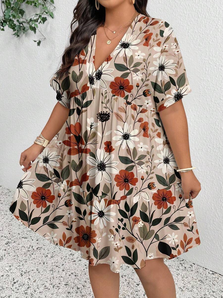 SHEIN VCAY Đầm babydoll cổ chữ V in hoa, phong cách thường ngày, thoải mái cho nữ, thích hợp cho kỳ nghỉ hè, đi nghỉ mát, dành cho nữ.