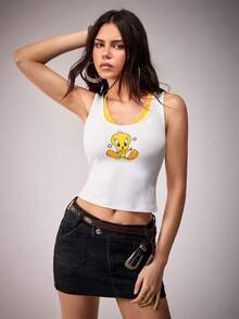 LOONEY TUNES X SHEIN Women's Cartoon Print Casual Basic Tank Top, Golf White - White - View 3