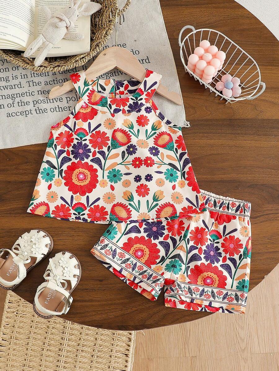 SHEIN Bộ 2 món cho bé gái, áo không tay cổ yếm in hoa phong cách Bohemian và quần short, kiểu dáng rộng rãi thoải mái, phù hợp cho các hoạt động hàng ngày, du lịch, họp mặt gia đình, chụp ảnh, mùa hè. - Nhiều màu - Xem 1